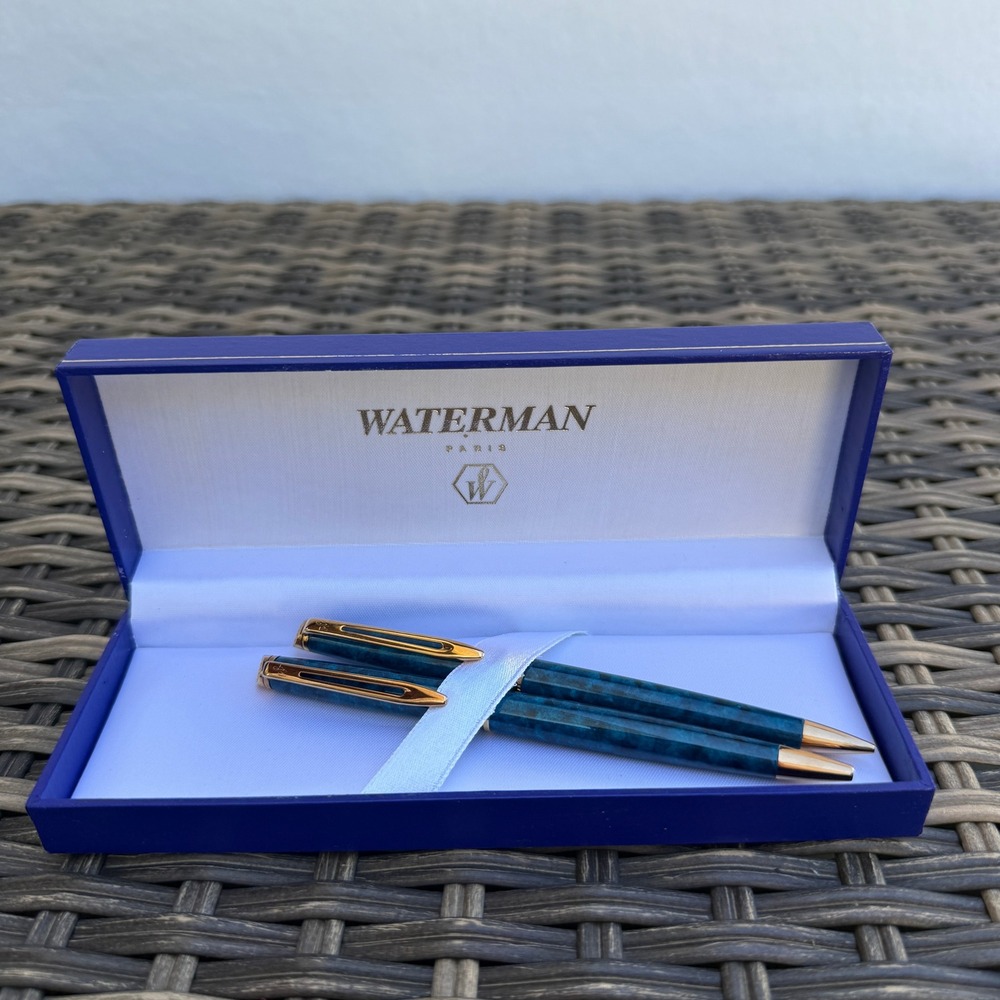 Waterman Paris France Blue Marble Ballpoint Pen Pencil Set Gold Tone Box
